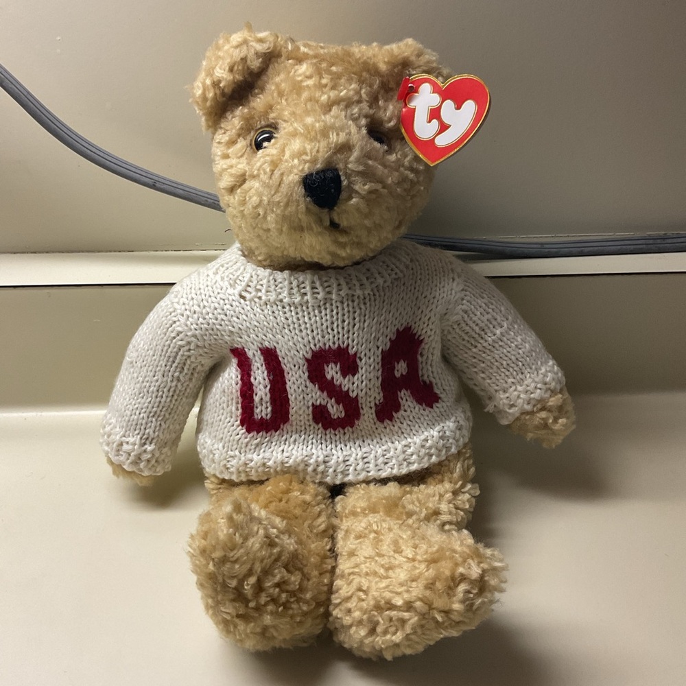 Adorable Ty “ CURLY” Teddy Bear 🧸 with USA Sweater Independence Day 4th July